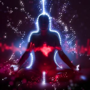 black aura woman meditating with lights and heart shining on black dark background